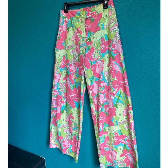 Lilly Pulitzer Parrots in Paradise Pink & Green Wide Leg Pants Women's 4 - Picture 3 of 9